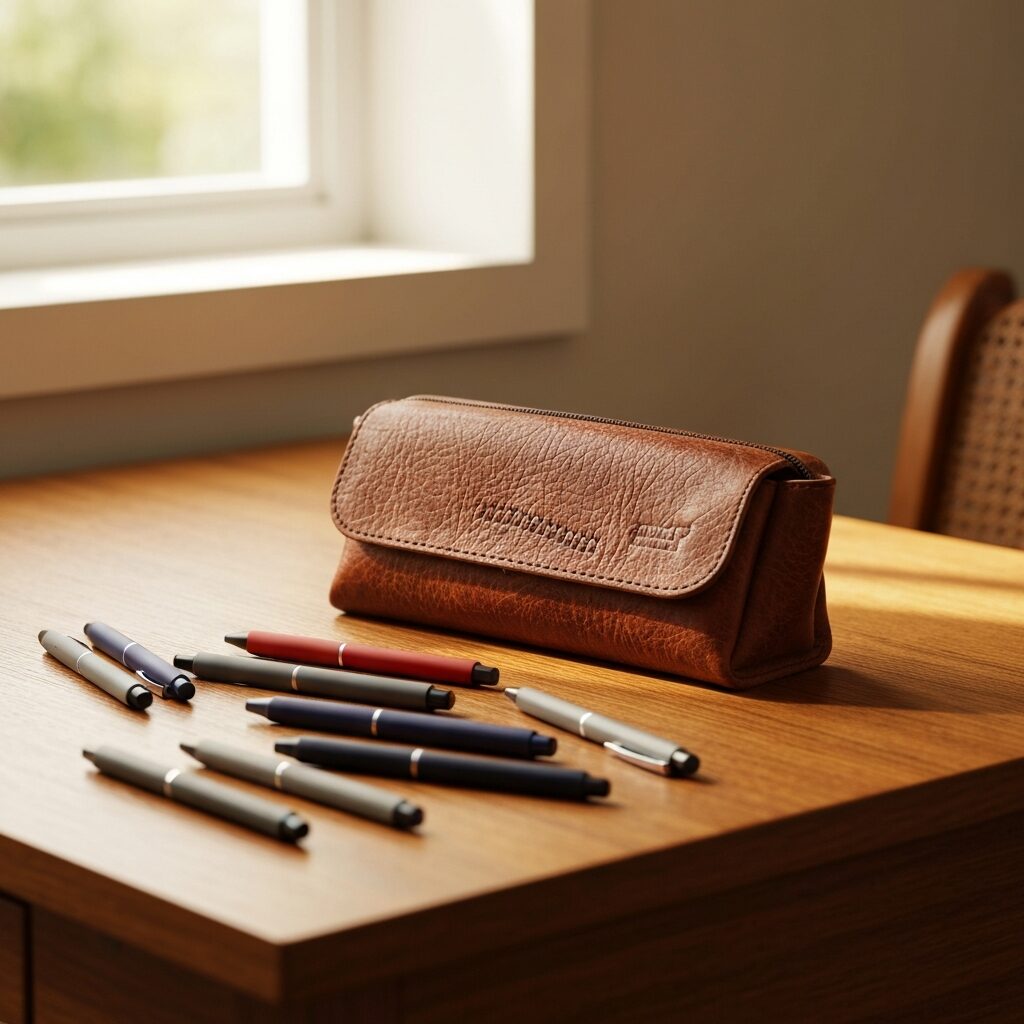 木製デスクの上に置かれたブラウンのレザーペンケースとペン