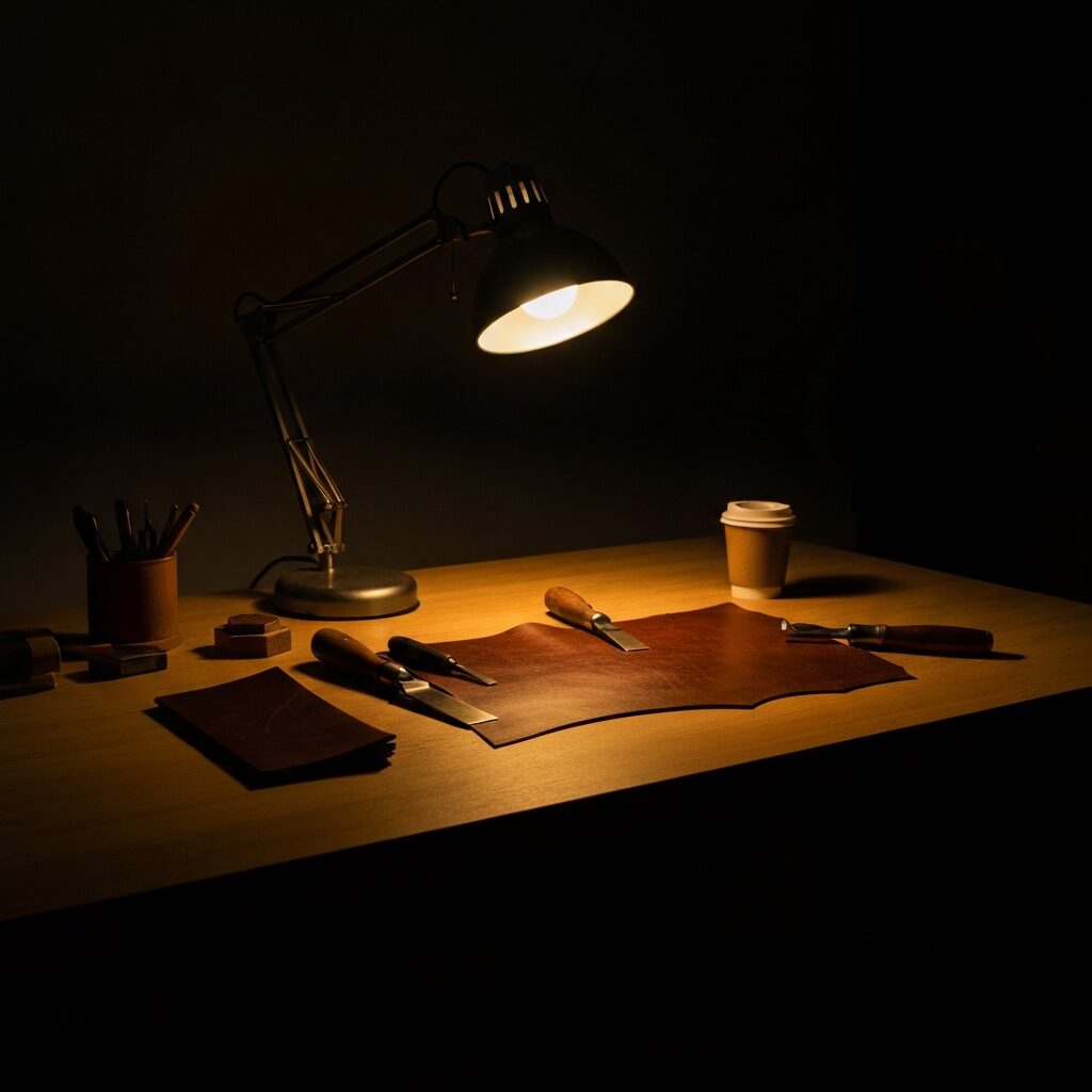 夜の作業机でレザークラフトをする50代の静かな時間