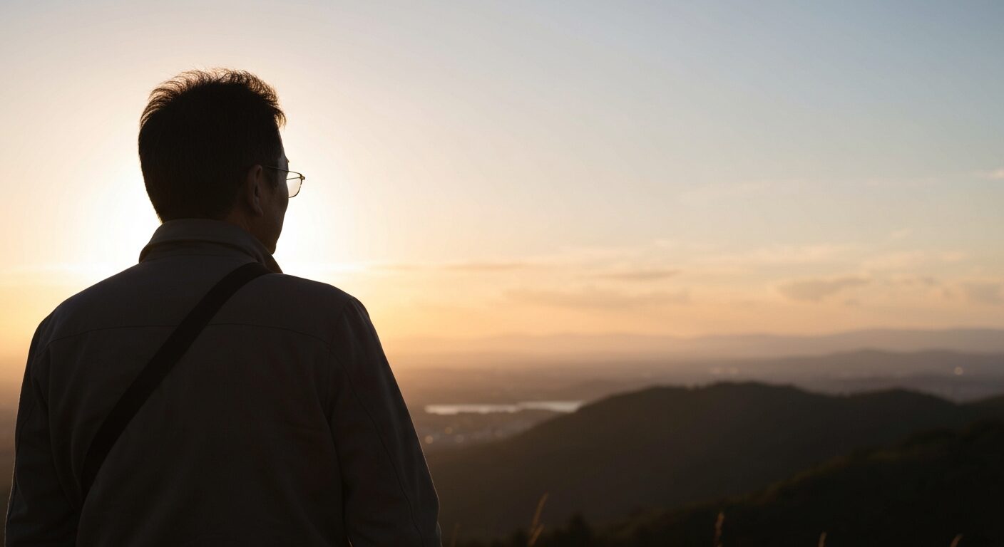 50代男性が夕焼けを前に立つ後ろ姿、今トライする覚悟のイメージ