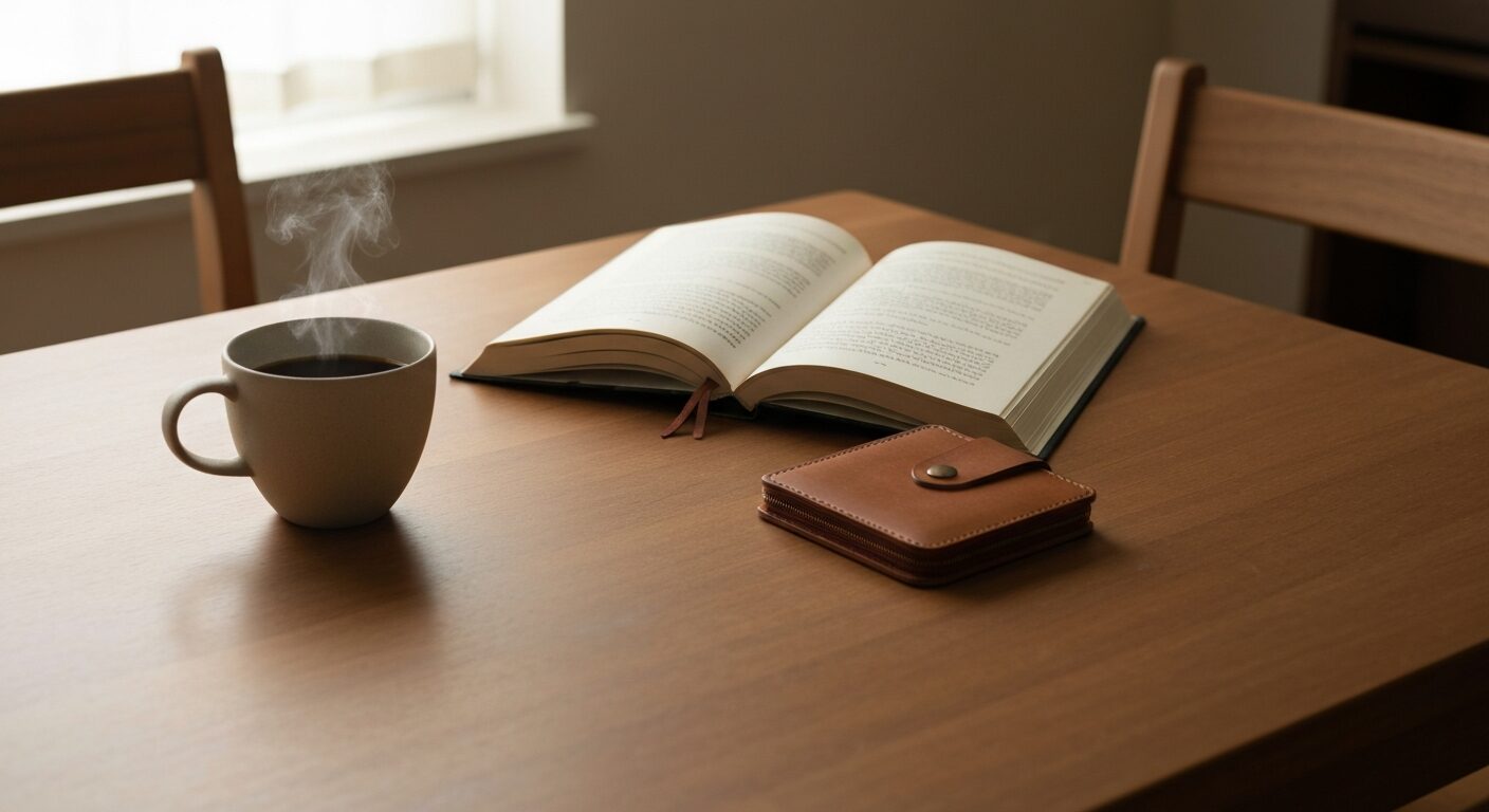 ダイニングテーブルに置かれたコーヒーと本と財布、豊かな浪費の象徴的イメージ