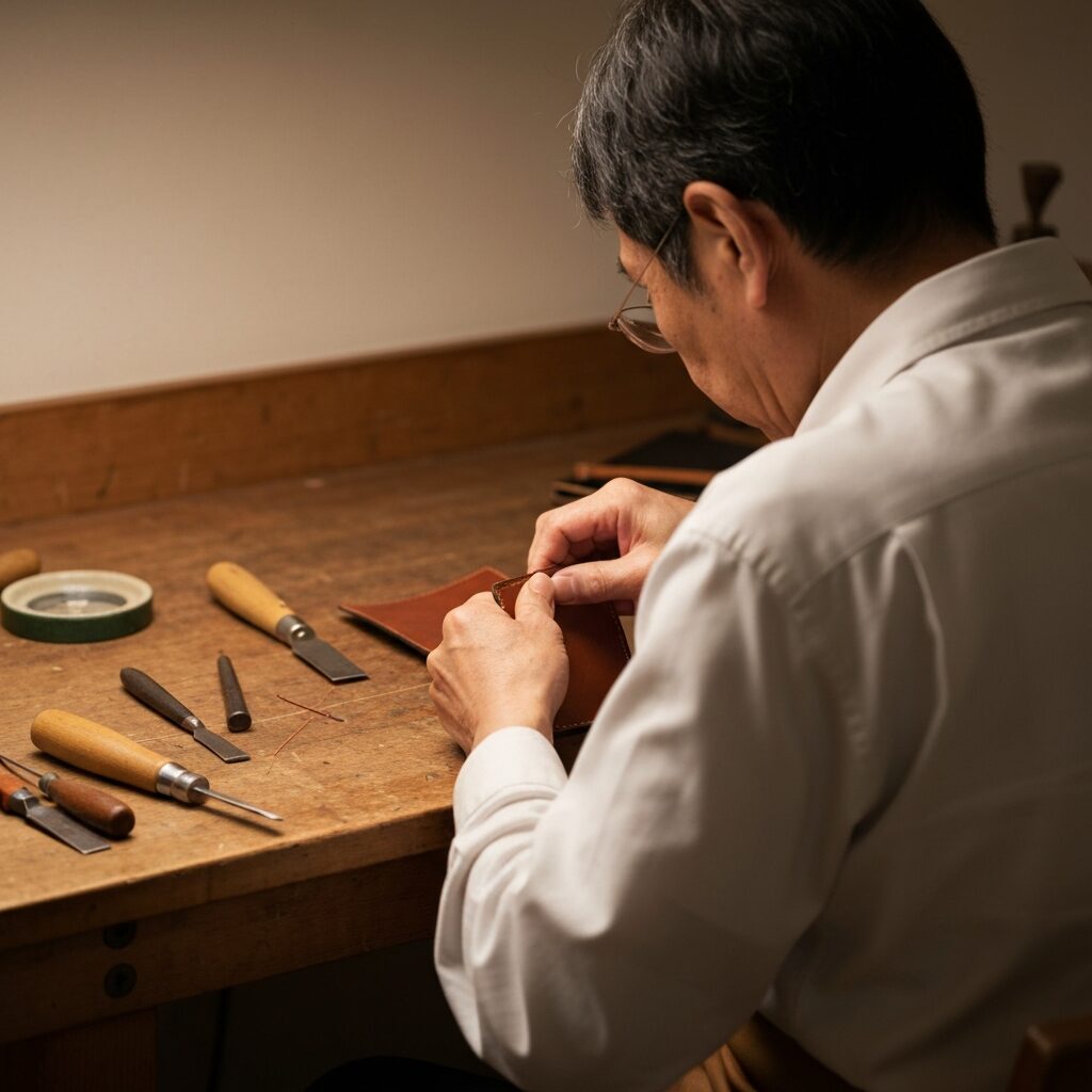 レザークラフトで作った財布の失敗作と完成品を並べた写真