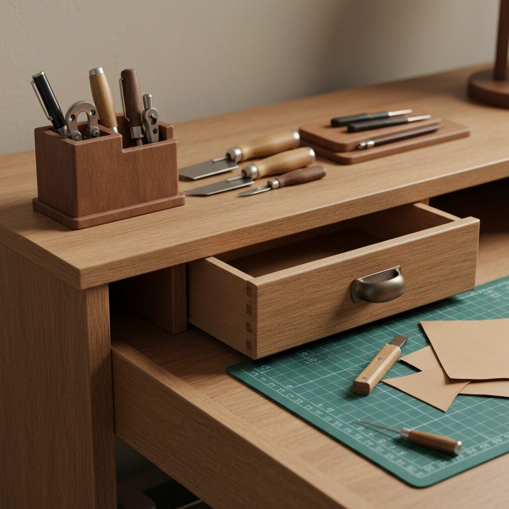 レザークラフトの作業机と道具が整った50代の作業スペース