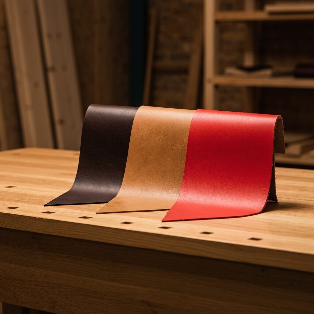 レザークラフト用の革の種類と色を並べた比較画像