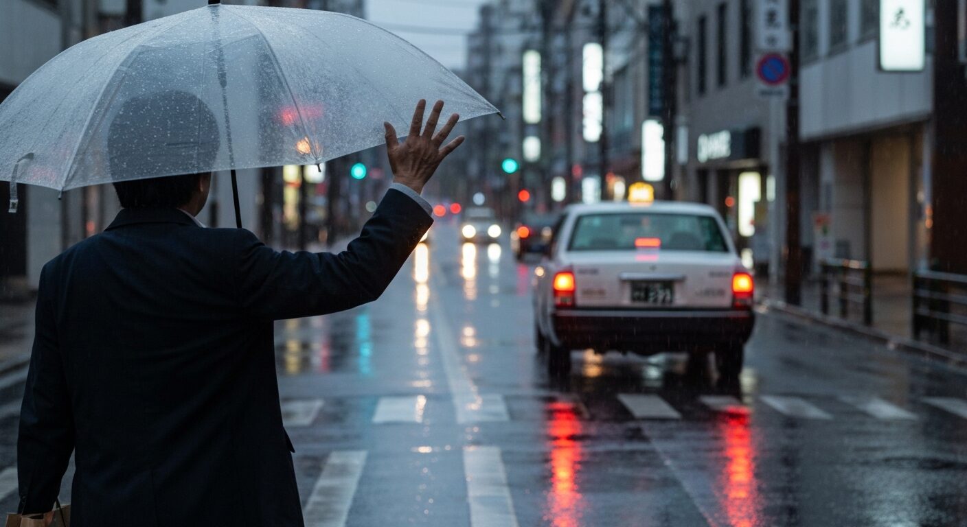 雨の夜にタクシーを呼ぶ50代の後ろ姿、お金で時間と快適を買う豊かな浪費