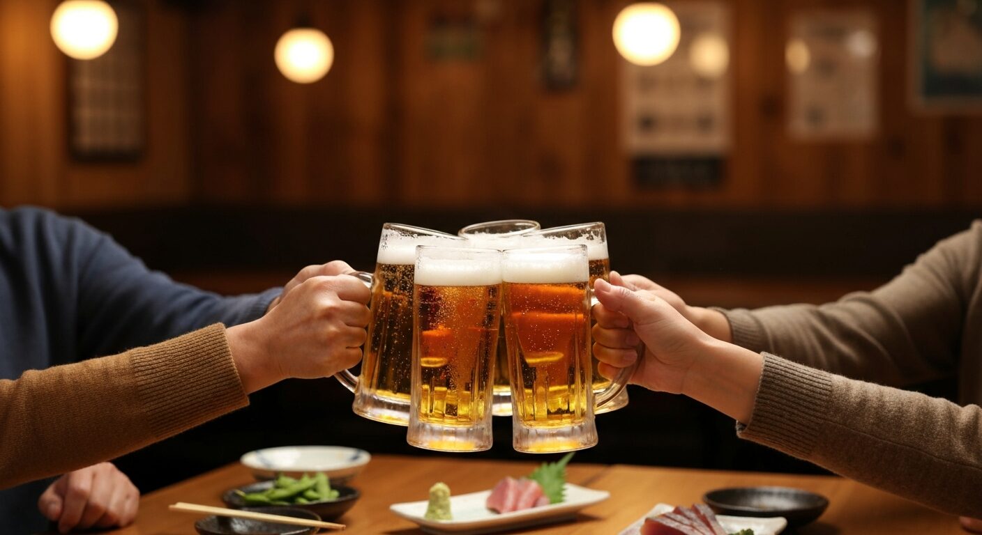 居酒屋で4人が乾杯する手元、再会を祝う50代仲間の集まり