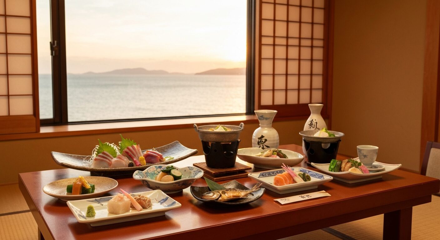 海の見える高級旅館の豪華な会席料理の夕食